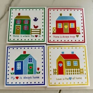 Vintage JSNY Home N’ Heart Trivet Set – 4 Colorful House Tiles 1980s